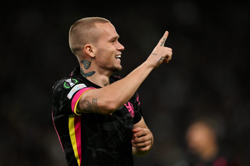 Mykhaylo Mudryk of Chelsea celebrates scoring his team's third goal during the UEFA Conference League 2024/25 League Phase MD2 match between Panathinaikos FC and Chelsea FC at Olympic Athletic Center of Athens Spyridon Louis or OAKA on October 24, 2024 in Athens, Greece. (Photo by Darren Walsh/Chelsea FC via Getty Images)