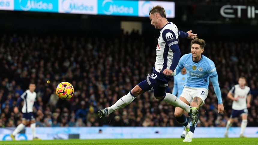 James Maddison volleys Tottenham in front at the Etihad Stadium (Photo Credit: Getty)