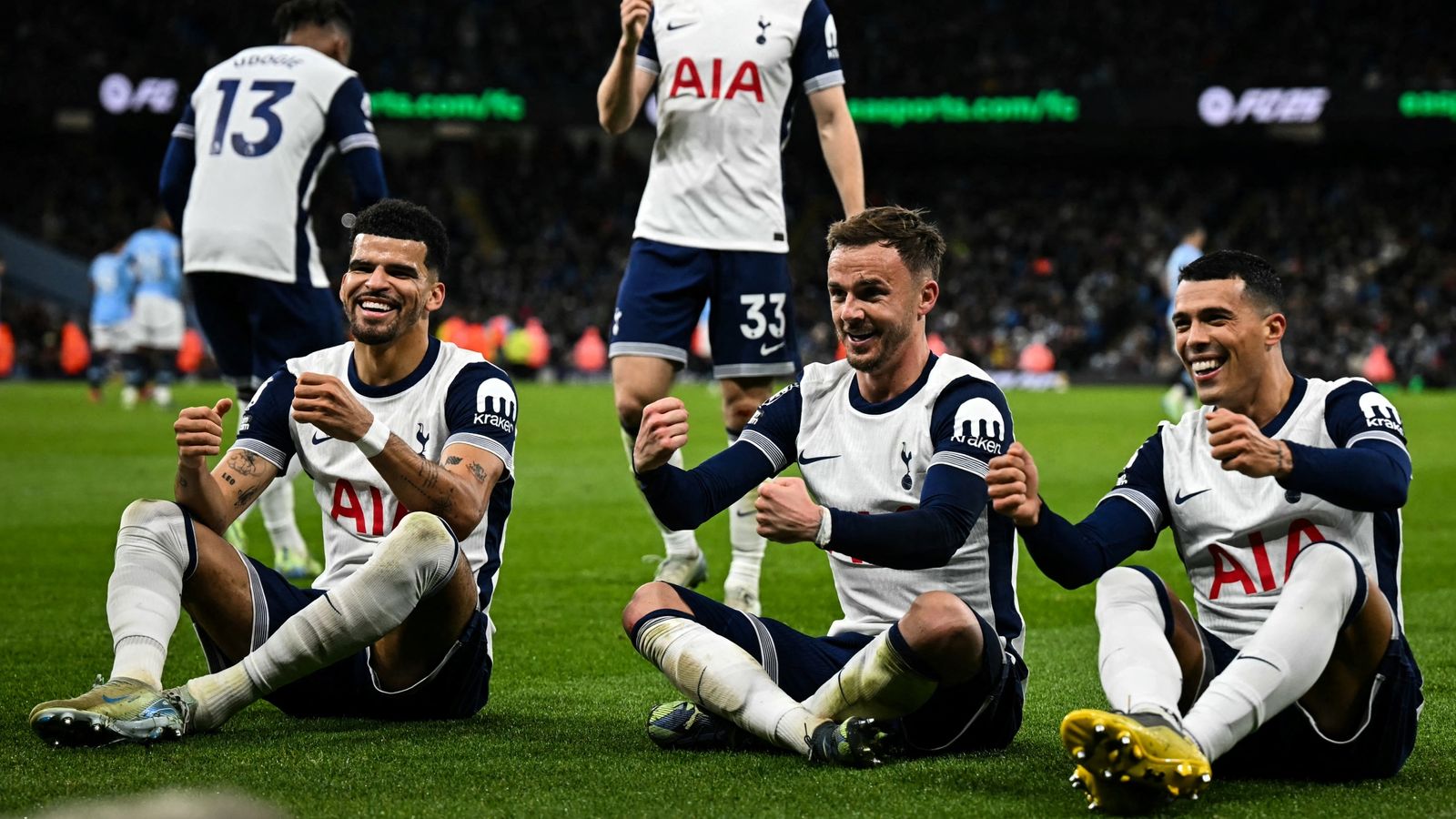 Pedro Porro celebrates with team-mates Maddison and Dominic Solanke after Spurs take a 3-0 lead (Photo Credit: Getty)