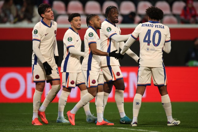 Sancho celebrating with his Chelsea team-mates after Nkunku opened the scoring in Germany (Photo Credit: Getty)