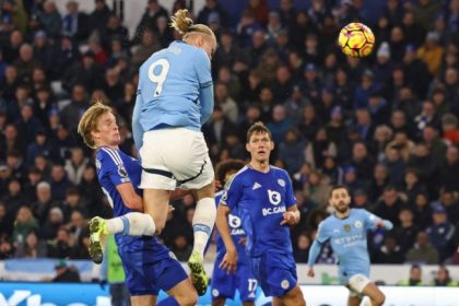 Haaland Powerful Header against Leicester City (Photo Credit: Getty)