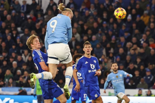 Haaland Powerful Header against Leicester City (Photo Credit: Getty)