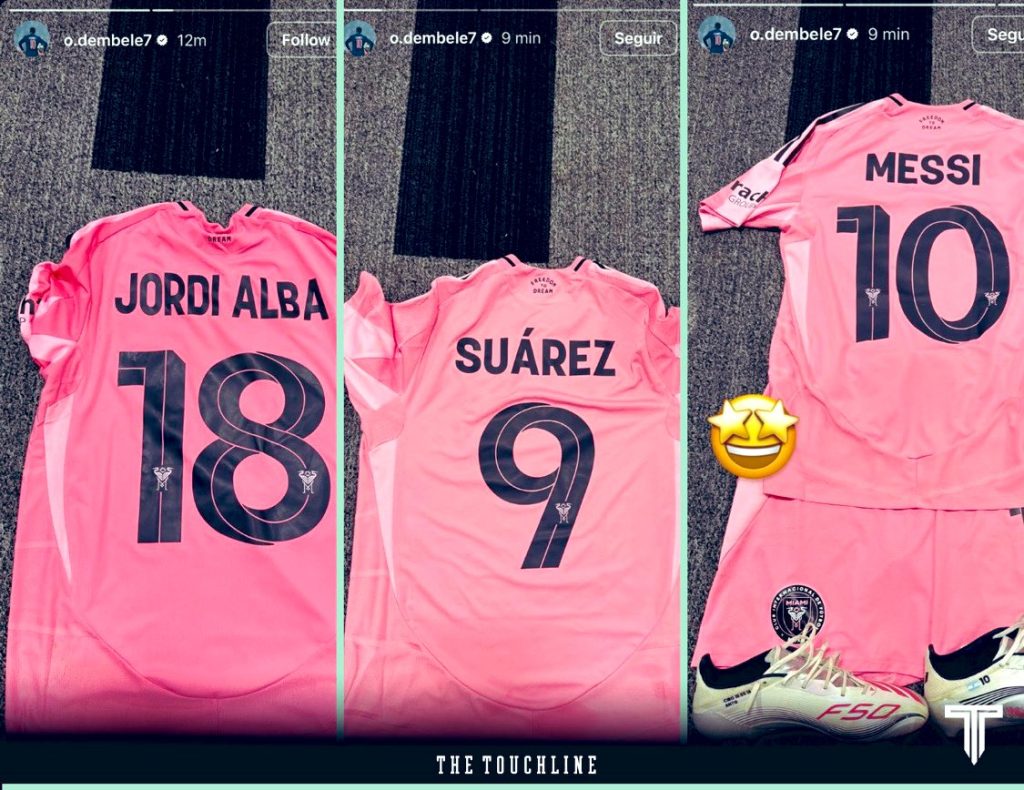 Dembele obtaines the jerseys of Luis Suarez and Jordi Alba (Source : X)