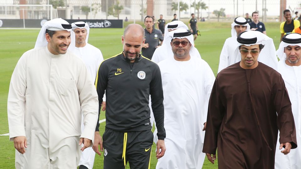 Man City Chairman Khaldoon Al Mubarak (left) with Pep Guardiola and club owner Sheikh Mansour bin Zayed Al Nahyan (Credit: Manchester City FC/ Getty Images)