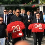 Liverpool’s Virgil Van Dijk and Andy Robertson arrive at the funeral of Diogo Jota (Picture: EPA)