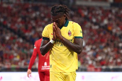 Rafael Leao celebrates scoring the opening goal during pre-season friendly against Liverpool (Photo Credit: Getty)