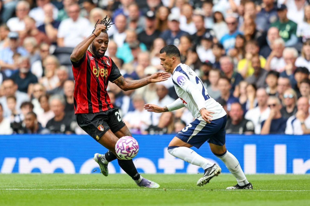 Antoine Semenyo takes on Pedro Porto during the Premier League match between Tottenham versus Bournemouth. Photo credit: Bournemouth media.