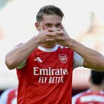 Viktor Gyokeres celebrating his first goal for Arsenal. (Photo Credit: Arsenal/X)