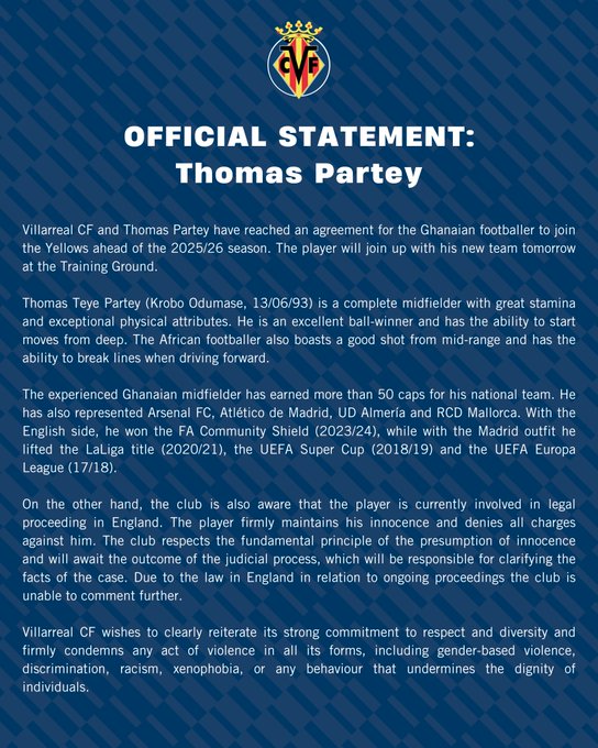 Villarreal stands with Thomas Partey amid ongoing legal case 24 Villarreal Official statement on Thomas Partey (Photo Credit - Villarreal official X)