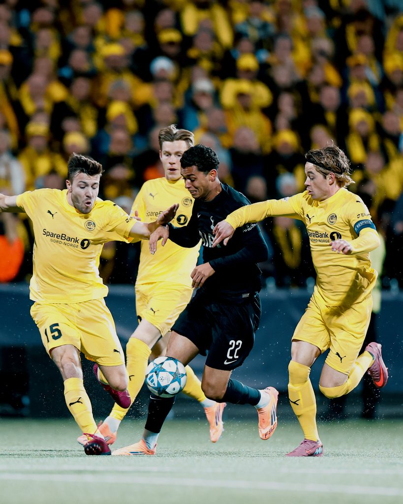 Brennan Johnson of Tottenham Hotspur Battling it out with Bodo Glimt players during the match (Photo Credit: Tottenham Facebook page)
