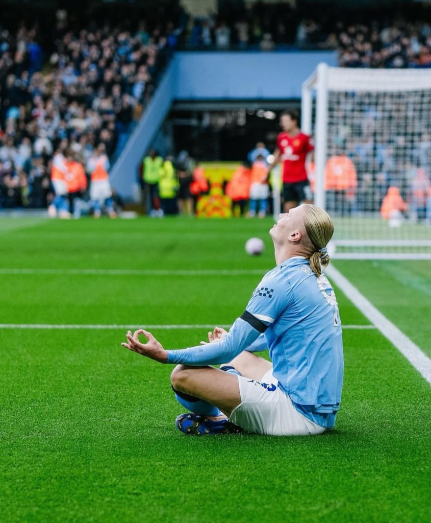 Erling Haaland celebrates after scoring in the Manchester derby (Photo Credit: Erling Haaland X handle)