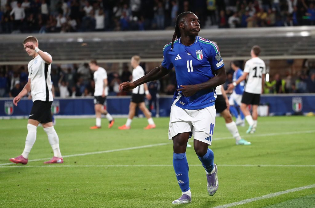 Italy's forward, Moise Kean, after scoring the Azurri's opener against Estonia at Bergamo on Friday night. (Credit: @Azzurri on X).