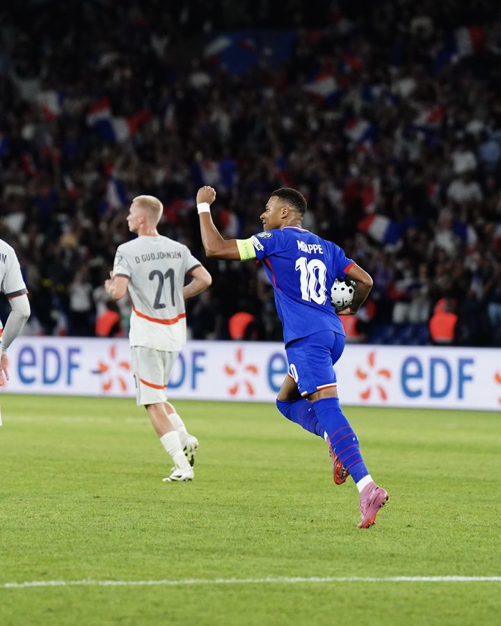 Kylian Mbappe of France celebrates his goal. (PhotoCredit France NT via X)