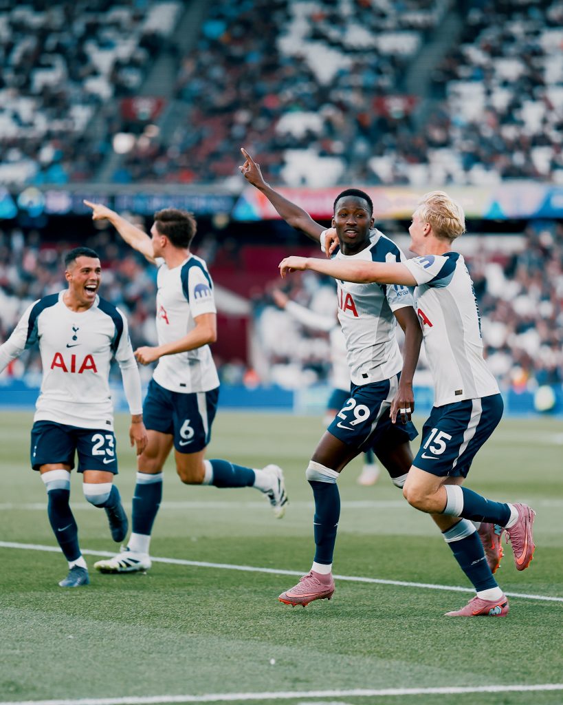Tottenham players celebrate after scoring against West HAM (Photo Credit: Tottenham X handle)