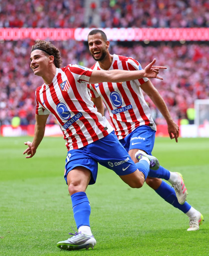 Atlético Madrid players celebrate their  goal against Real Madrid (Photo Credit: Atlético de Madrid X handle)
