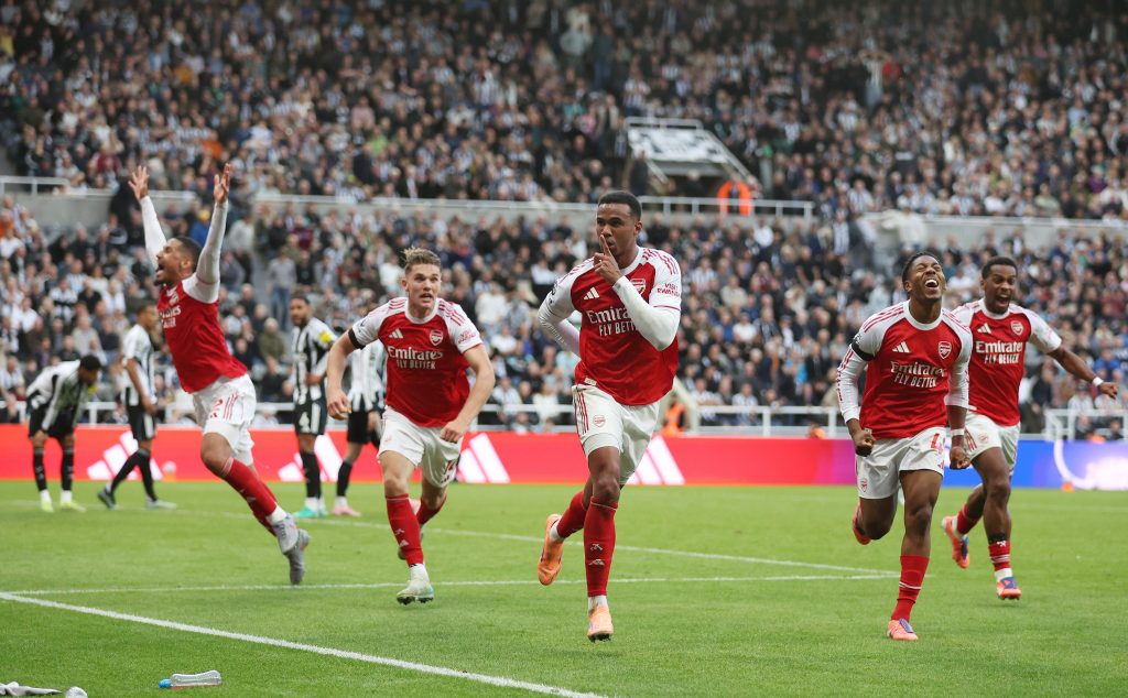 Arsenal players celebrate after a dramatic late winner against Newcastle (Photo Credit: Arsenal X handle)