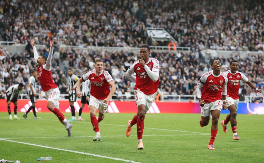 Arsenal players celebrate after a dramatic late winner against Newcastle (Photo Credit: Arsenal X handle)