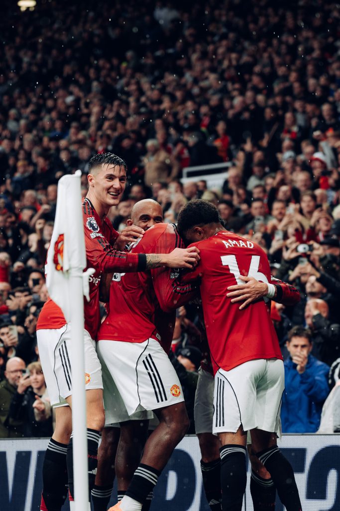 Manchester United players celebrate after scoring against Chelsea (Photo Credit: Manchester United X handle)