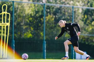 Erling Haaland back to training after missing Wednesday's EFL game against Huddersfield. (Credit: @ManCity on X).