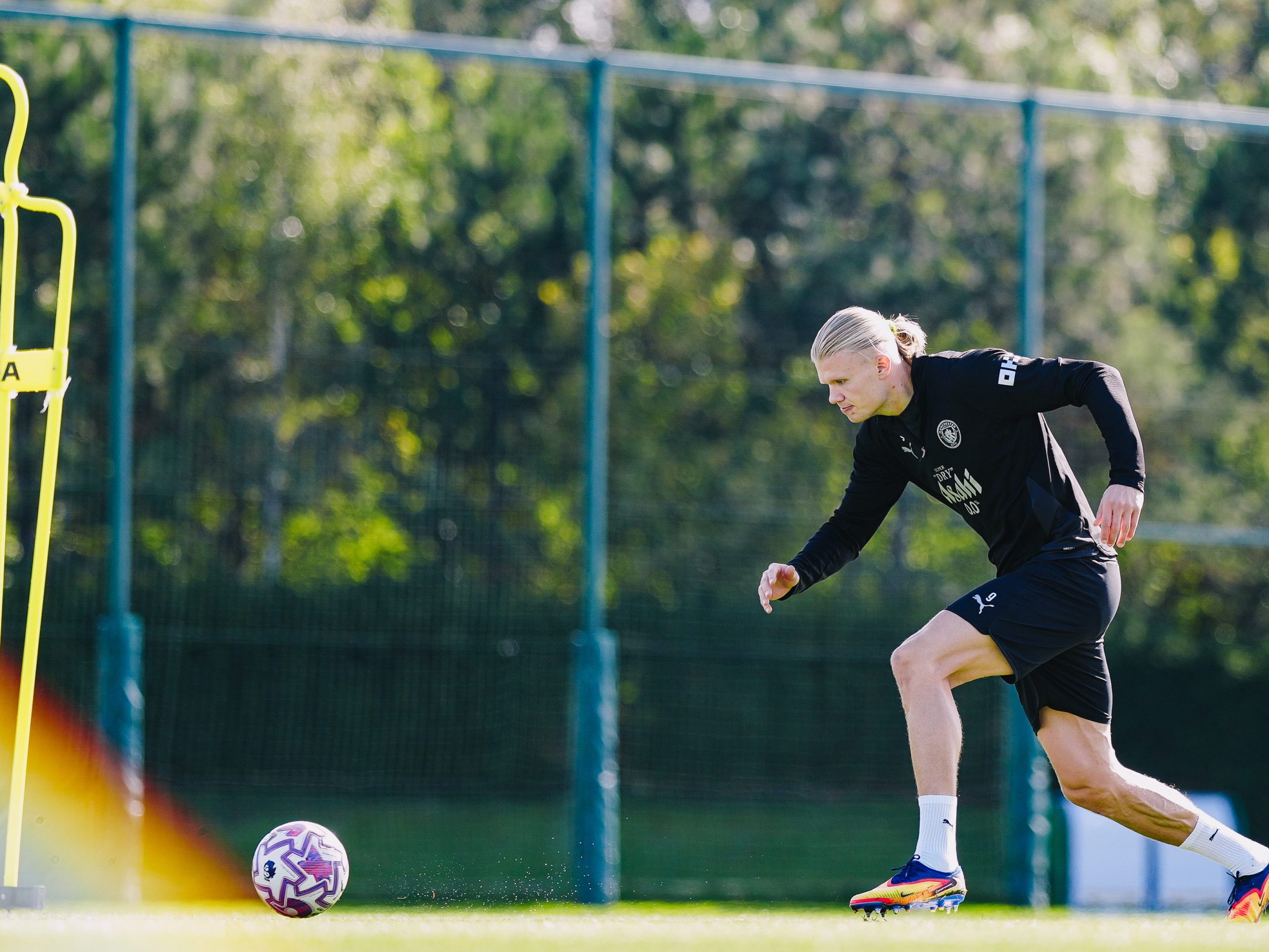 Erling Haaland back to training after missing Wednesday's EFL game against Huddersfield. (Credit: @ManCity on X).