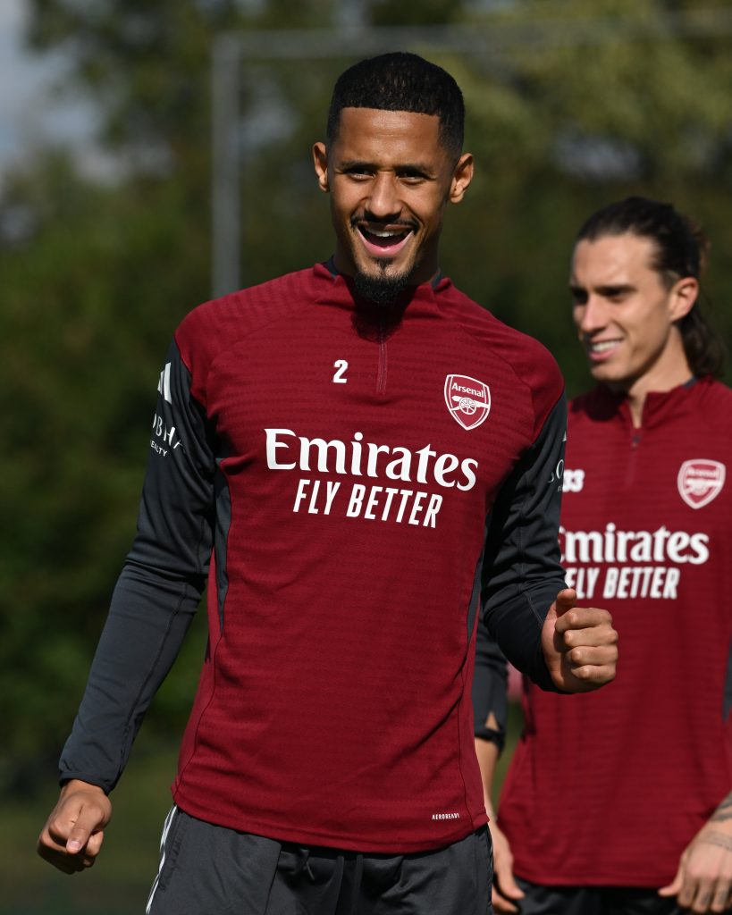 William Saliba in training as Arsenal prepare to take on Olympiacos in the ucl (Photo Credit: Arsenal X handle)