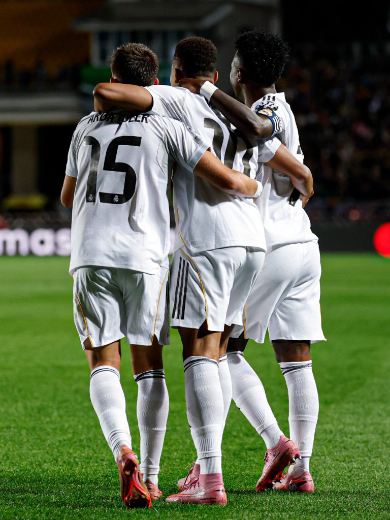 Real Madrid players celebrate after scoing against Kairat Almaty (Photo Credit: Real Madrid X handle)
