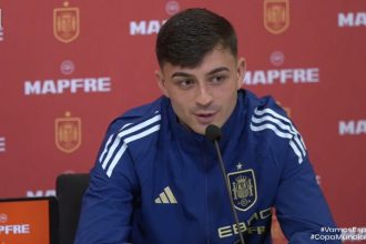 Pedri speaking to the Press. (Photo Credit: Spanish football X handle)