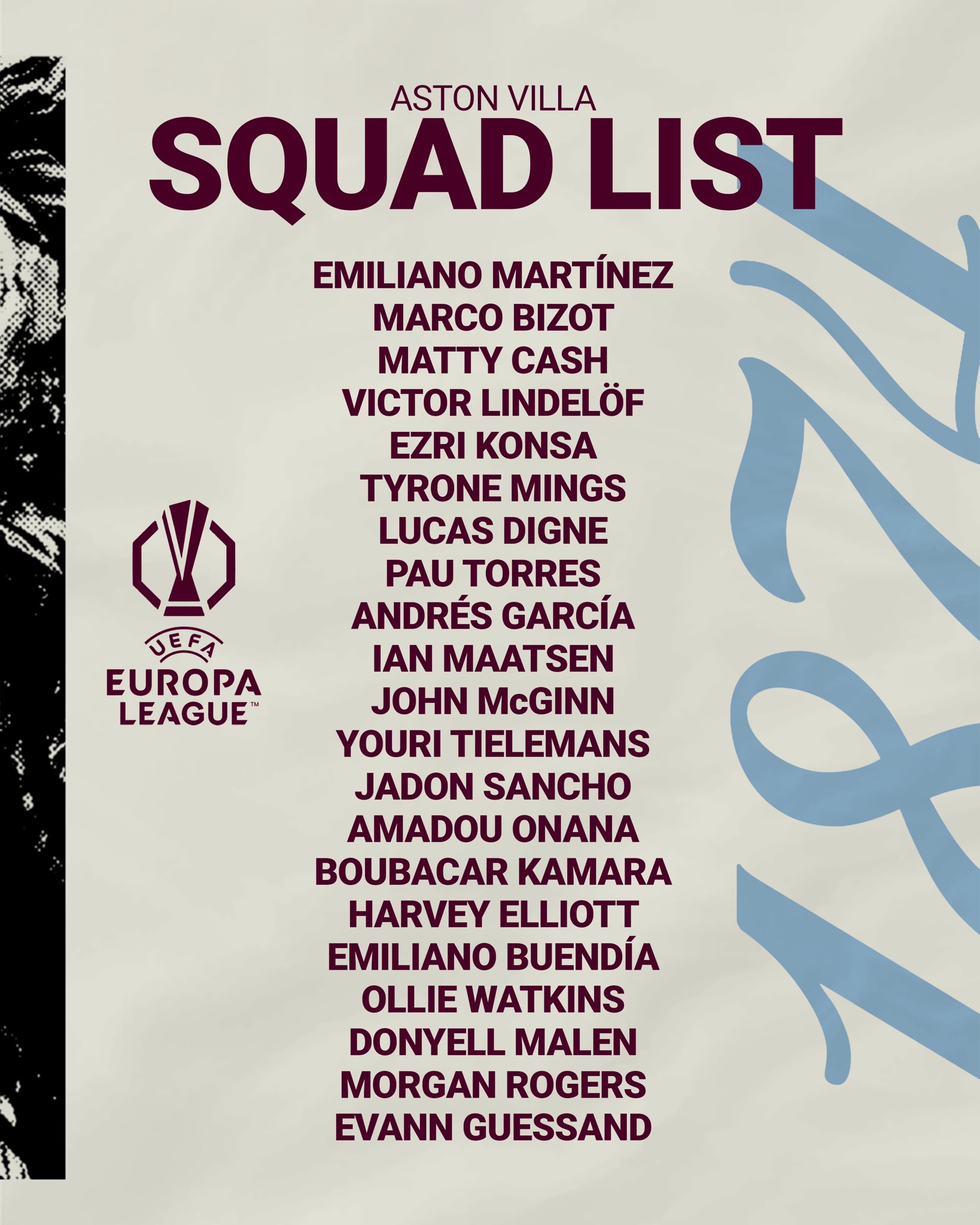 Aston Villa Europa squad for the 2025/2026 season. (Credit: Asxton Villa X handle)