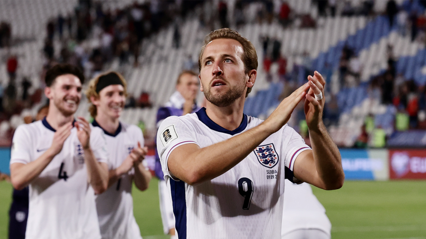 Harry Kane clapping to fans after England's 5-0 win over Serbia on Tuesday. (Credit: England website).