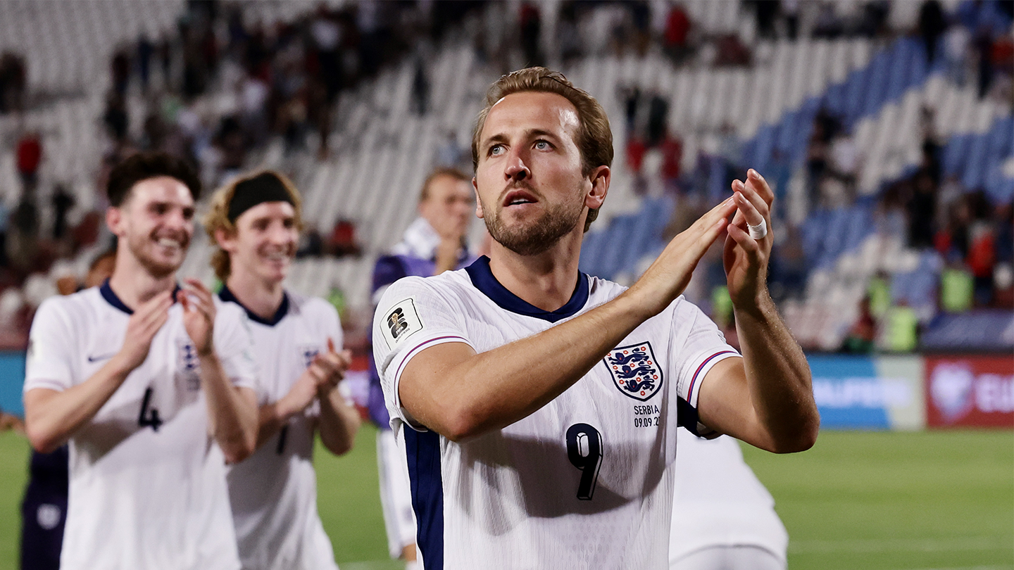 Harry Kane clapping to fans after England's 5-0 win over Serbia on Tuesday. (Credit: England website).
