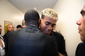 Lamine Yamal and Dembele embrace. Photo Credit: Ballon D'Or official handle on X