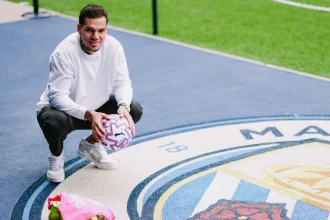 Former Manchester City goalkeeper Ederson during his goodbye speech at the Etihad on Friday. (Credit: Manchester City website).