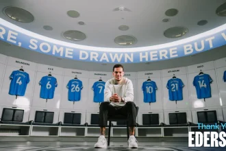 Former Manchester City goalkeeper Ederson during his goodbye speech at the Etihad on Friday. (Credit: Manchester City website).