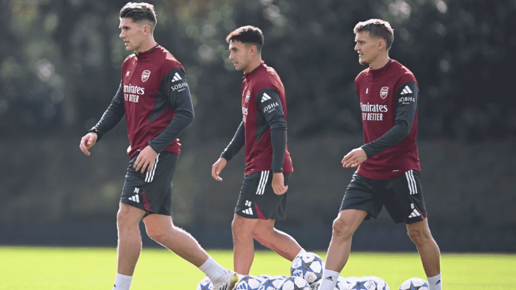 Arsenal players Victor Gyokeres, Martin Odegaard and Martin Zubimendi, during the team's training ahead of the game against Olympiacos (Photo Credit: Arsenal website)