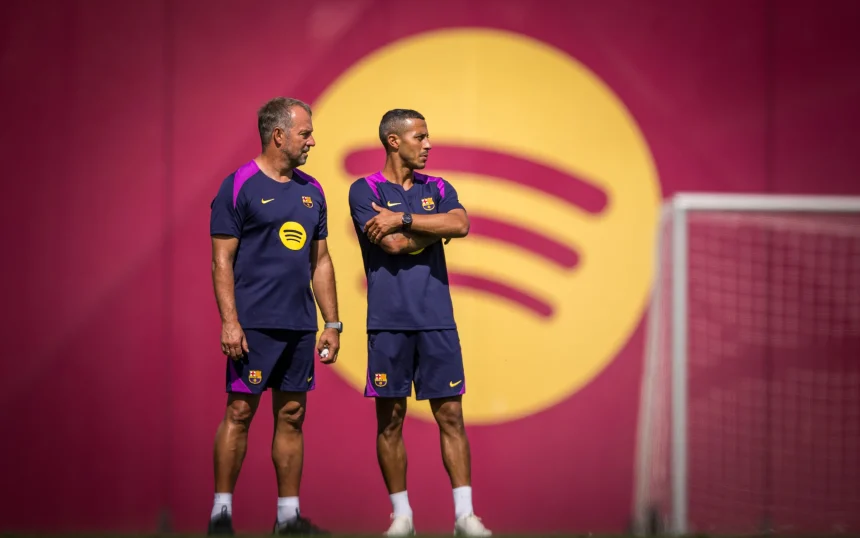 Thiago Alacantara with Barcelona's coach Hansi Flick during Club's training session on Wednesday. (Credit: Barcelona media).