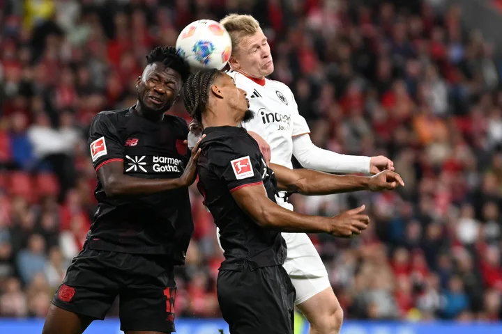 Bayer Levekusen and Frankfurt players fight for the ball. Photo credit: Leverkusen media