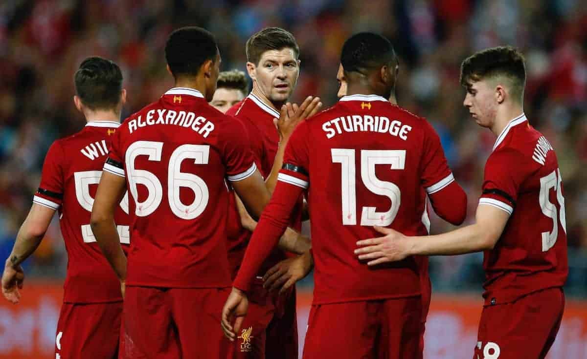 Liverpool Legend Steven Gerarrd alongside Trent Alexander Arnold and other Liverpool players during an exhibiton match in Syndey (Photo Credit: Liverpool website)