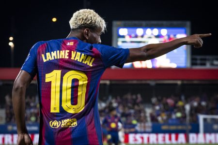 Lamine Yamal celebrates scoring for Barcelona. (Photo Credit: Barcelona media)
