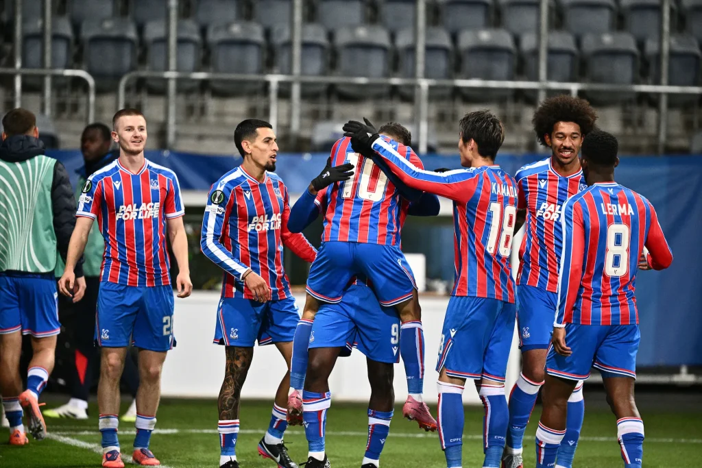 Crystal Palace players celebrating their first win in the Conference League. (Photo Credit: Crystal Palace media).