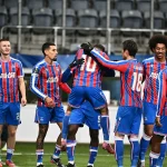 Crystal Palace players celebrating their first win in the Conference League. (Photo Credit: Crystal Palace media).