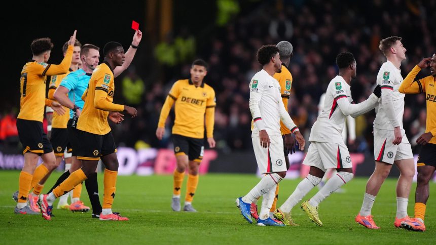 Liam Delap of Chelsea see red after a reckless challenge (Photo Credit: EFL Cup Facebook page)