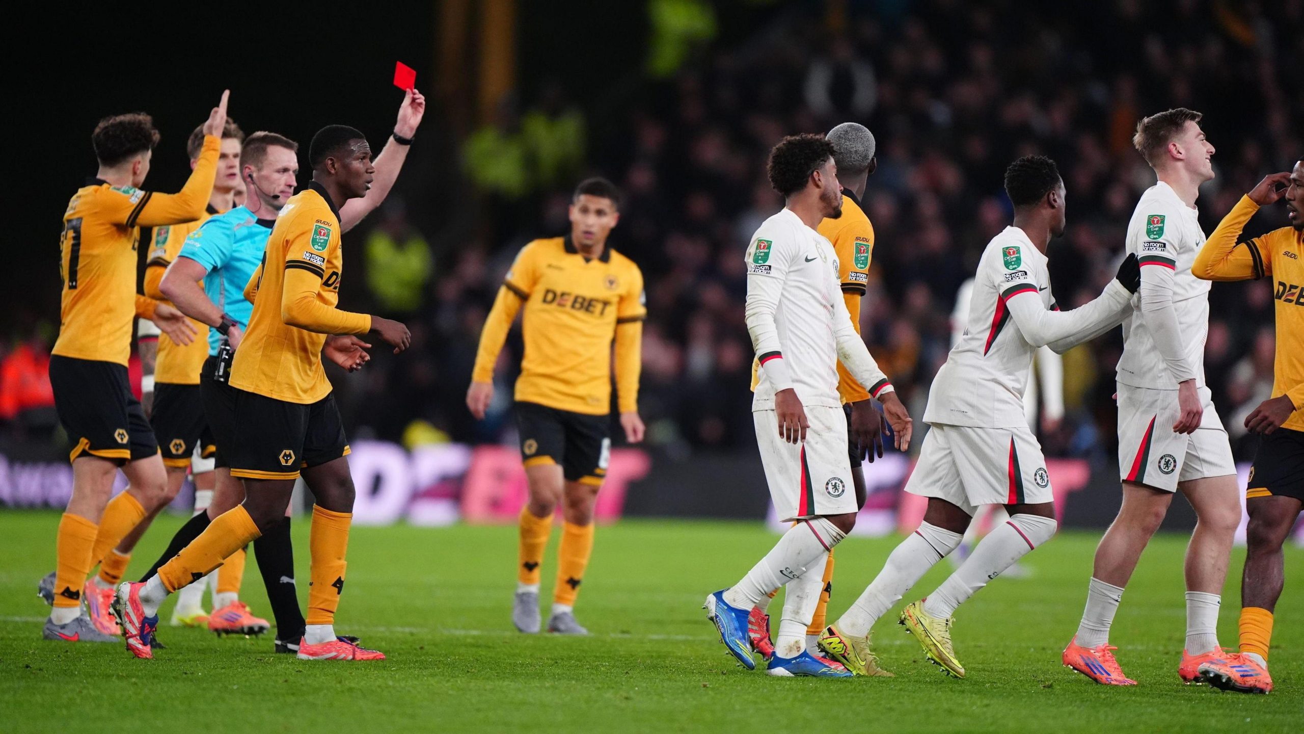 Liam Delap of Chelsea see red after a reckless challenge (Photo Credit: EFL Cup Facebook page)
