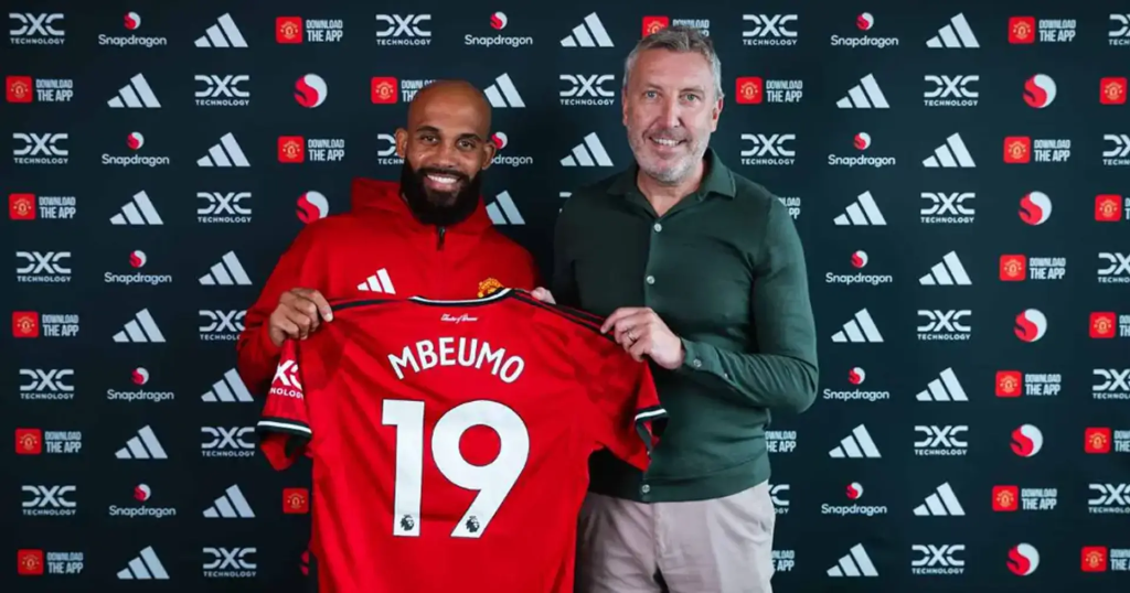 Manchester United director of football James Wilcox and summer signing striker Bryan Mbeumo (Photo Credit: Manchester United X handle)