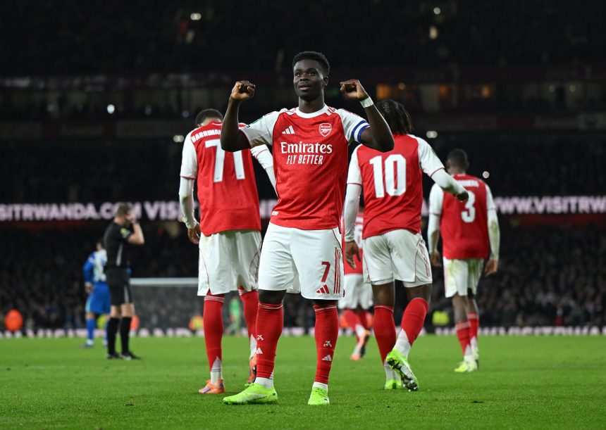 Bukayo Saka celebrates scoring Arsenal's second goal against Brighton (Photo Credit: Arsenal X)