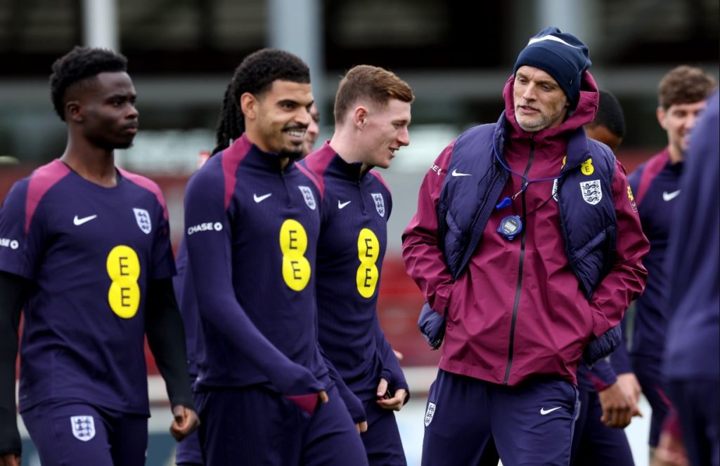 England players in training and supervised by Thomas Tuchel. Photo credit: England media.