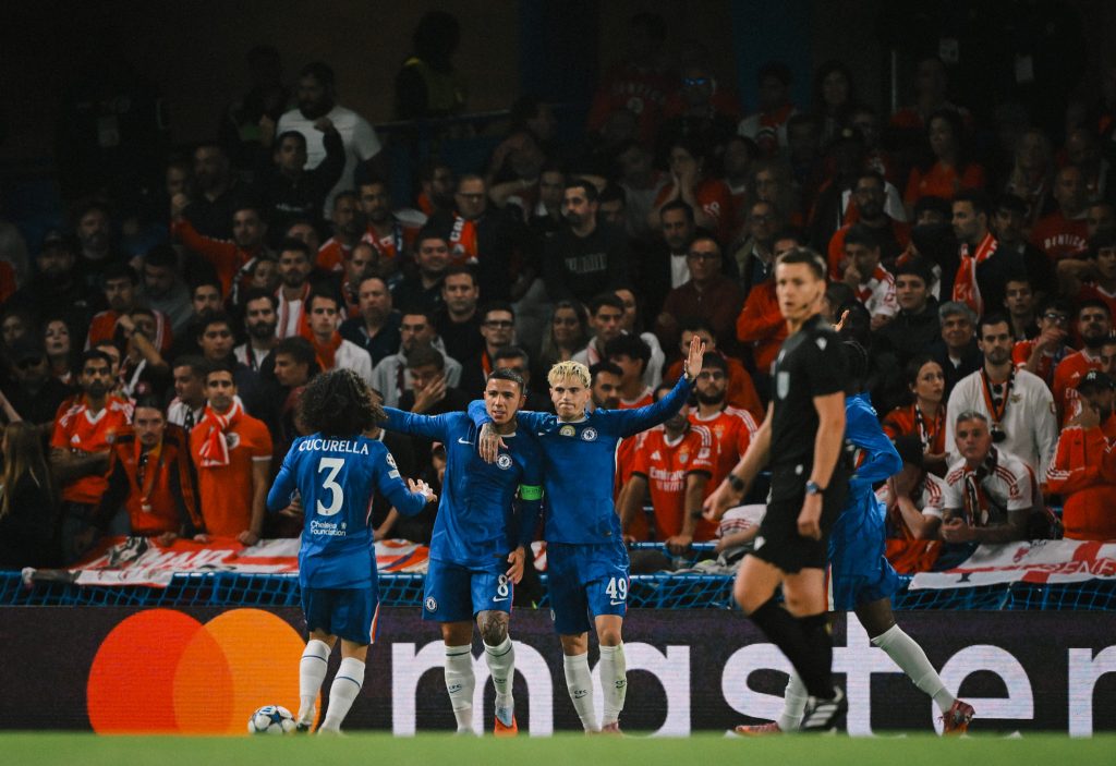Chelsea players celebrate after taking the lead against Benfica in the UCL (Photo Credit: Chelsea X handle)