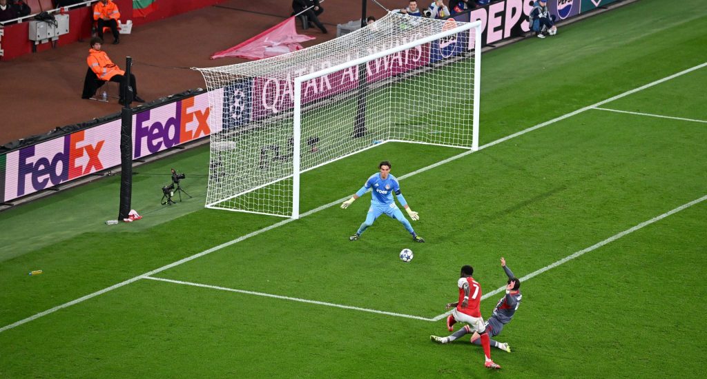 Saka powered his first Champions League goal of the season for Arsenal. (Photo credit: @Arsenal on X).