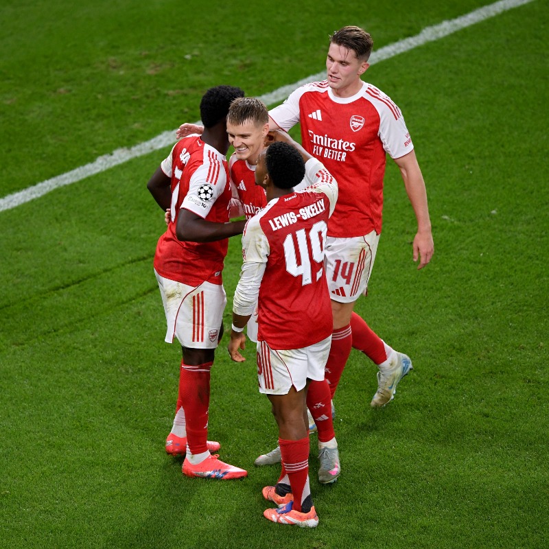 Arsenal players celebrate after scoring against Olympiacos (Photo Credit: Arsenal X handle)