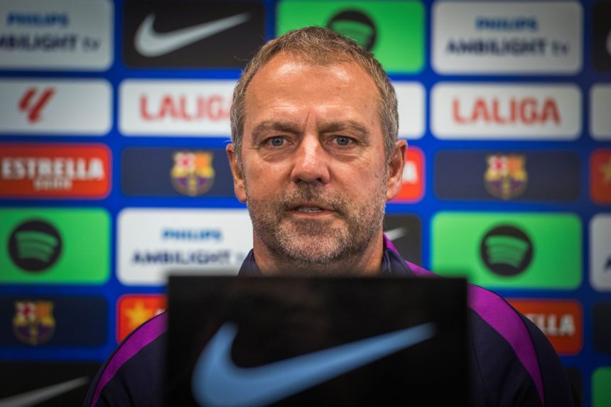 Barcelona coach Hansi Flick during the press conference(Photo Credit: Barcelona X handle)