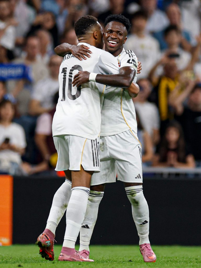 Kylian Mbappe celebrates  with teammate Vinicius jr (Photo Credit: Real Madrid X handle)